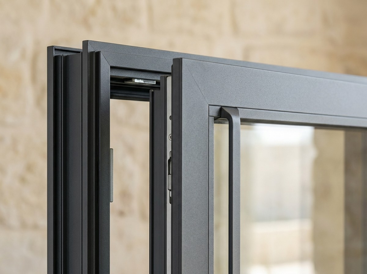 Illustration: mitred corner of a slim anthracite aluminium window frame with a minimal handle