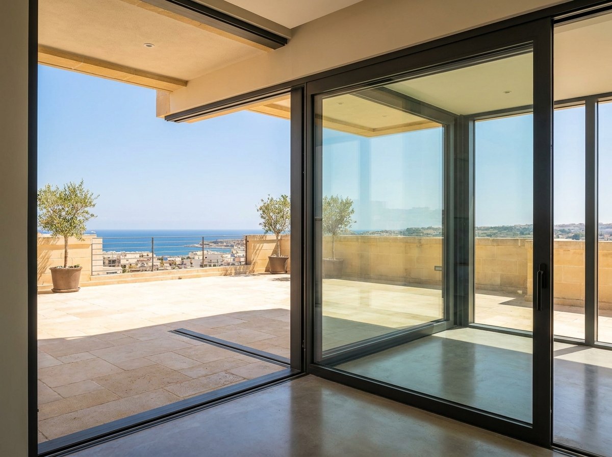 Illustration: large anthracite aluminium lift-and-slide door opening onto a Maltese penthouse terrace with a sea view