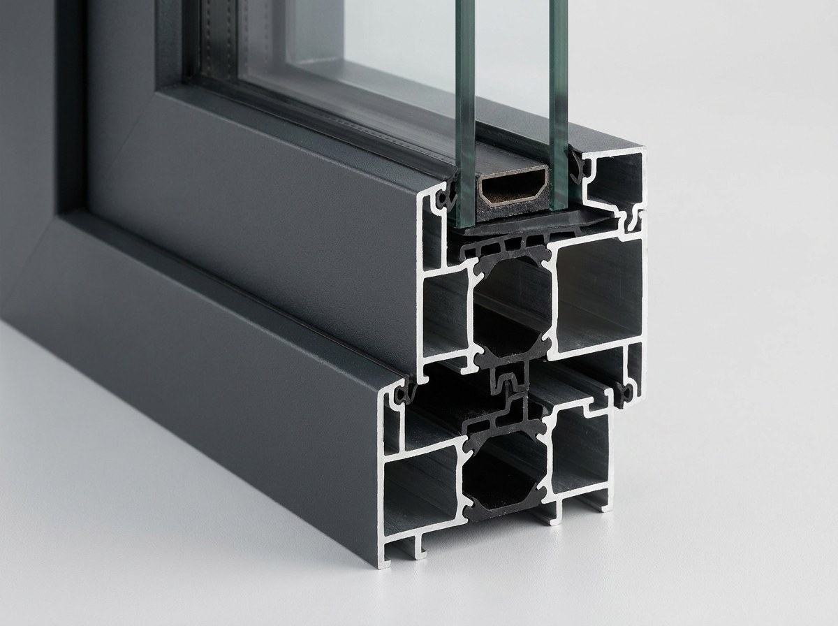 Illustration: cross-section of an anthracite thermal-break aluminium window profile showing the polyamide thermal break, gaskets and glazing unit