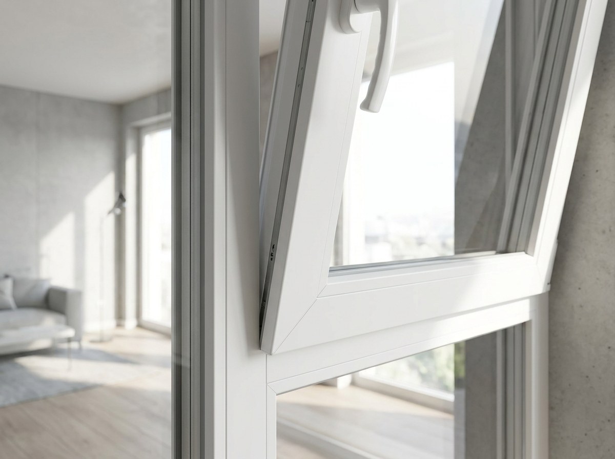 Illustration: welded corner of a white uPVC tilt-and-turn window with the handle in the tilt position
