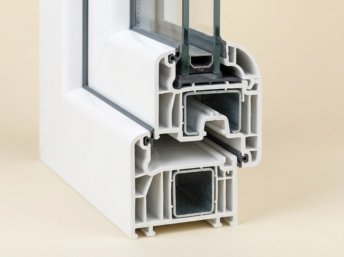 Illustration: cross-section of a white multi-chamber uPVC window profile with steel reinforcement, grey gaskets and a double-glazed unit