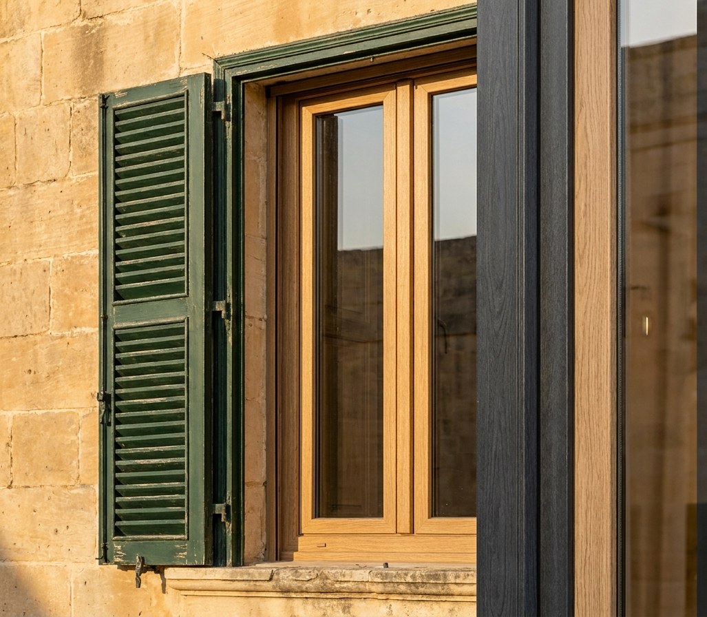 Illustration: wood-grain foiled uPVC casement in a Maltese limestone facade with green louvred shutters