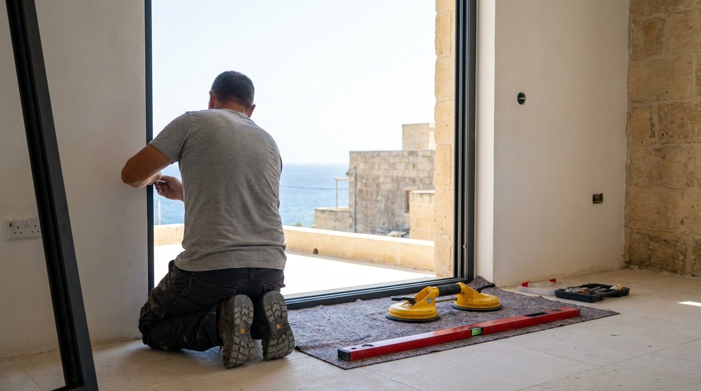 Illustration: an installer, seen from behind, fitting a slim dark aluminium window frame in a modern Maltese apartment with a sea view