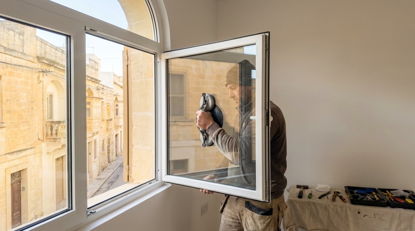 Illustration: a glazier setting a sealed double-glazed unit into a white window frame in a Maltese apartment