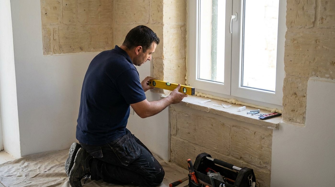 Illustration: an installer checking a newly fitted white uPVC casement window with a spirit level in a Maltese limestone house