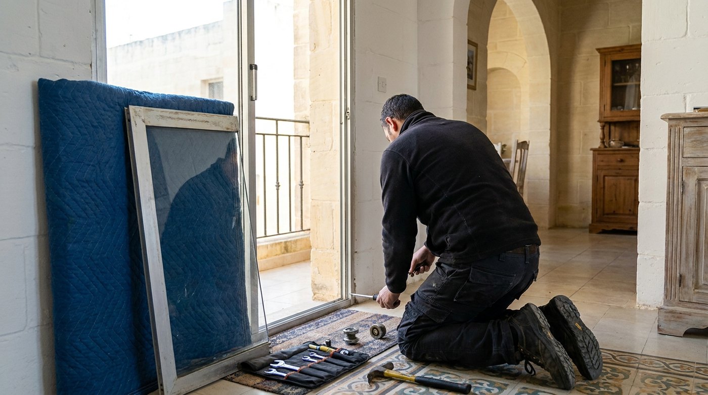 Illustration: a technician replacing a worn roller on the track of an old aluminium sliding door in a Maltese apartment