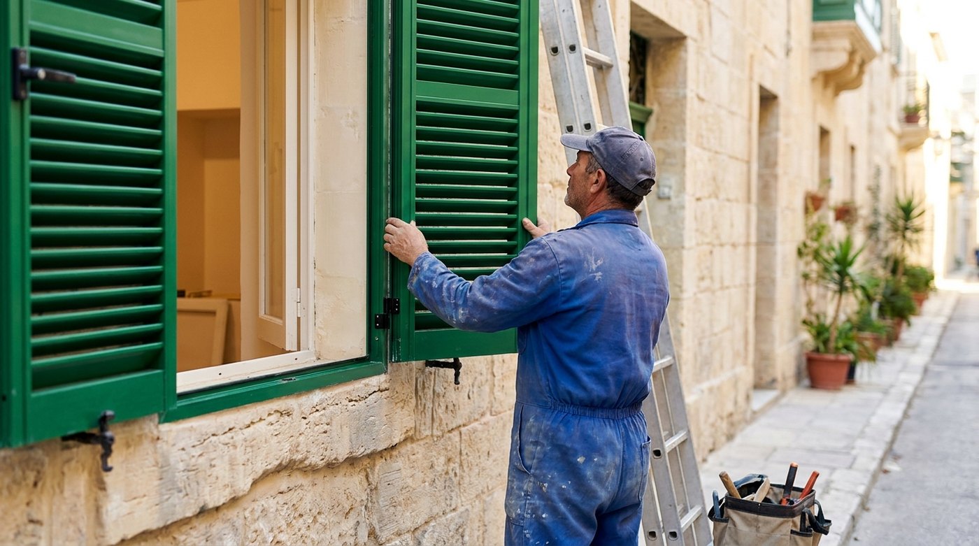 Illustration: a tradesman adjusting newly fitted green louvred persjani shutters on the outside of a limestone townhouse window