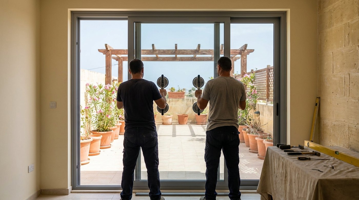 Illustration: two installers, seen from behind, lifting a glass panel into a new aluminium sliding door opening onto a Maltese terrace