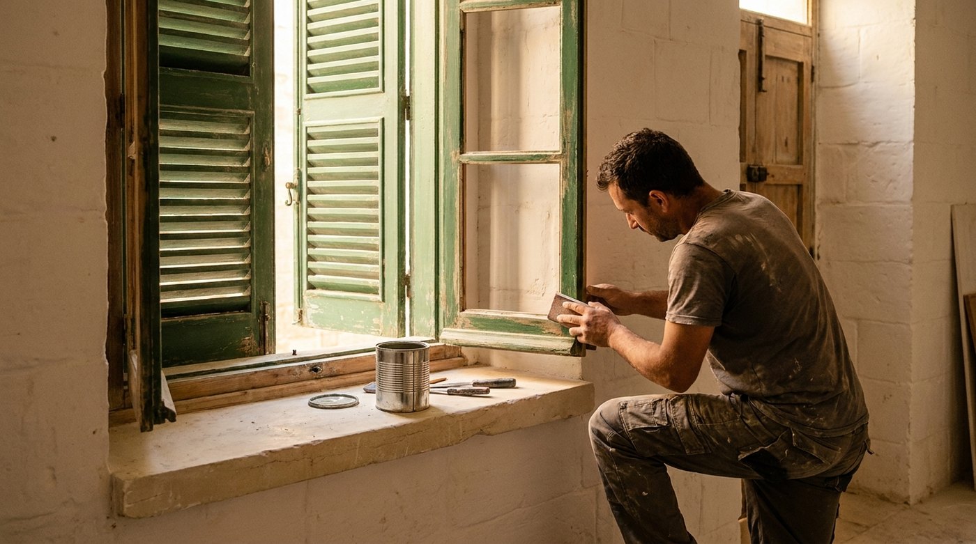 Illustration: a joiner restoring a green-painted Maltese timber window with louvred persjani shutters in an old townhouse